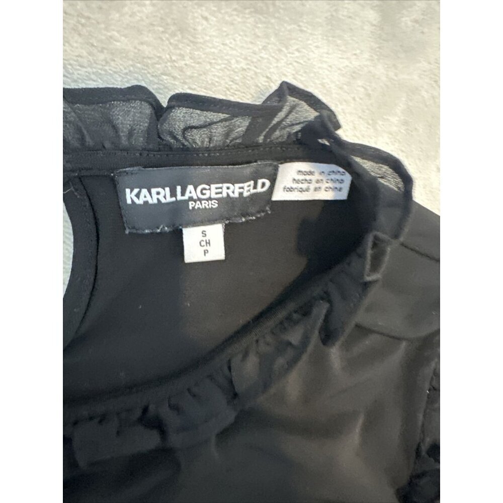 Women’s Karl Lagerfeld Blouse Ruffled Lined Black Size Small - Picture 6 of 12